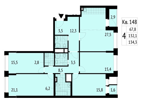 Четырёхкомнатная квартира 134.3 м²