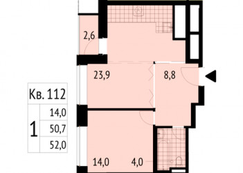 Однокомнатная квартира 52 м²