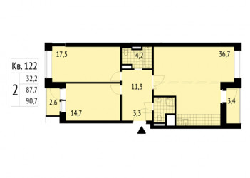 Двухкомнатная квартира 90.7 м²