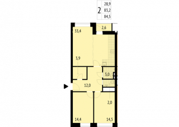 Двухкомнатная квартира 84.5 м²