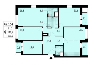 Четырёхкомнатная квартира 151.5 м²