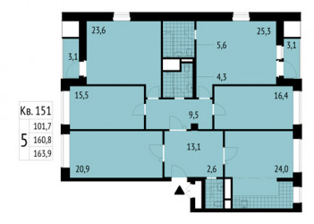 Пятикомнатная квартира 163.9 м²