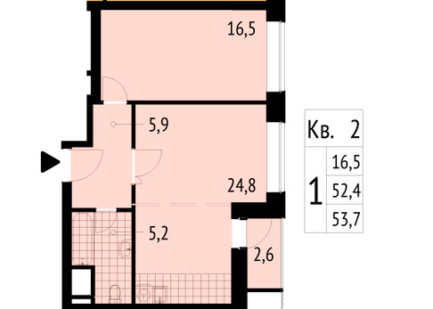 Однокомнатная квартира 53.7 м²